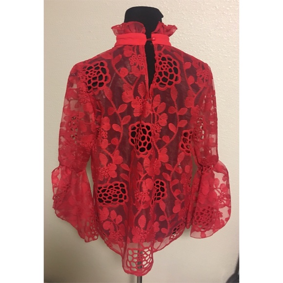 Elegant Red Lace Women’s Blouse with Neck Bow - Picture 4 of 4